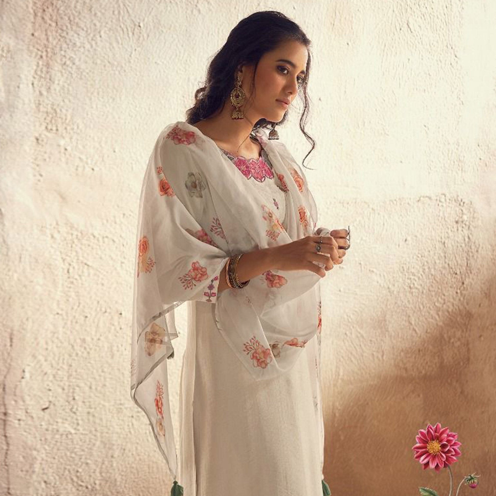 Cream Floral Embroidered Viscose Suit
