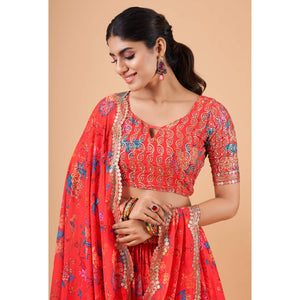 Coral Red Floral Printed And Sequins Work Georgette Lehenga Choli
