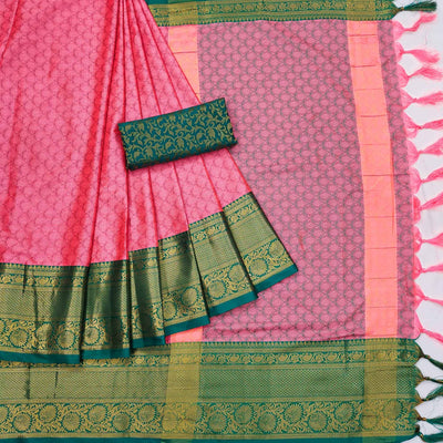 Gajari Pink Printed And Woven Cotton Silk Saree With Tassels