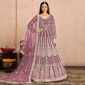 Dusty Pink Floral Embroidered Net Gown