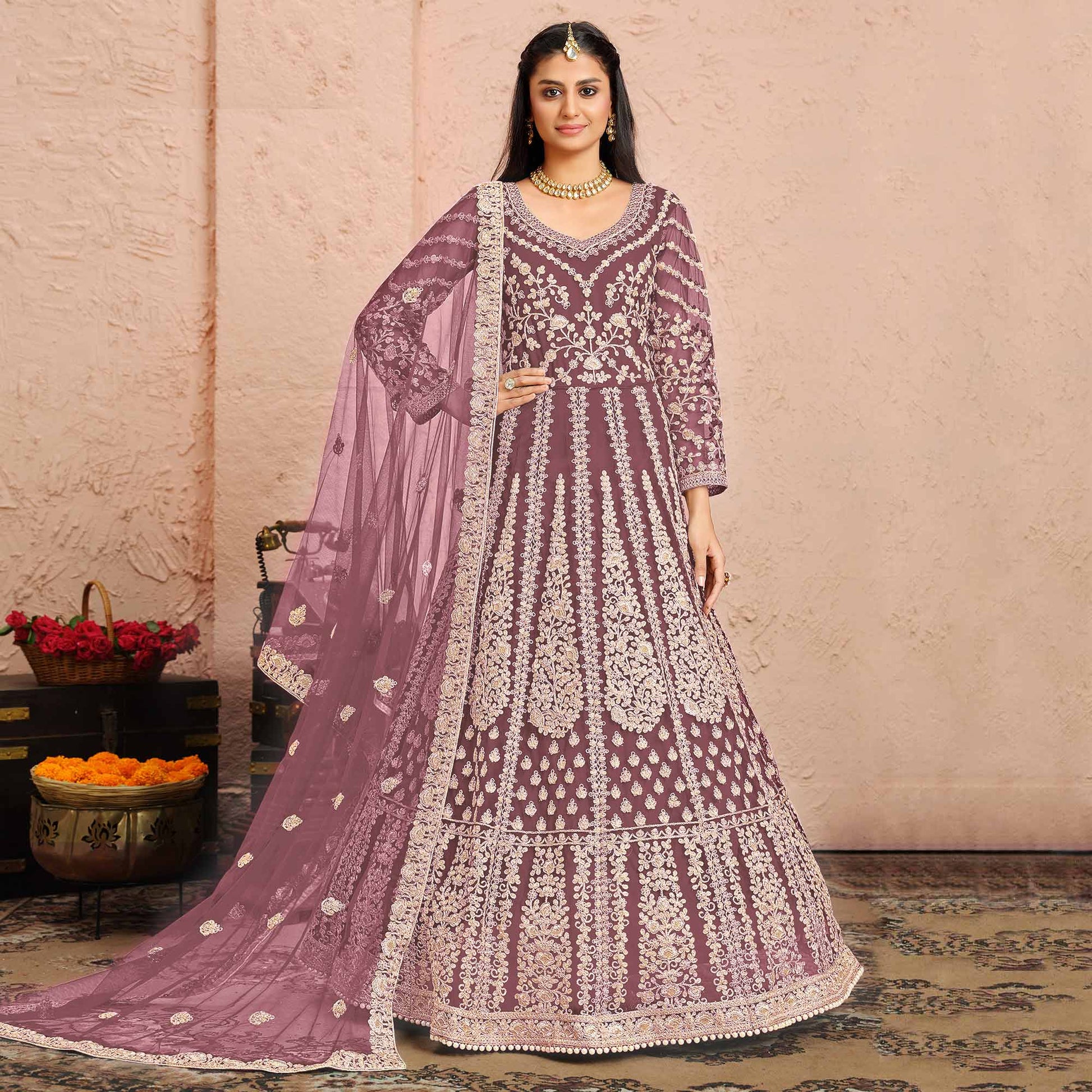 Dusty Pink Floral Embroidered Net Gown