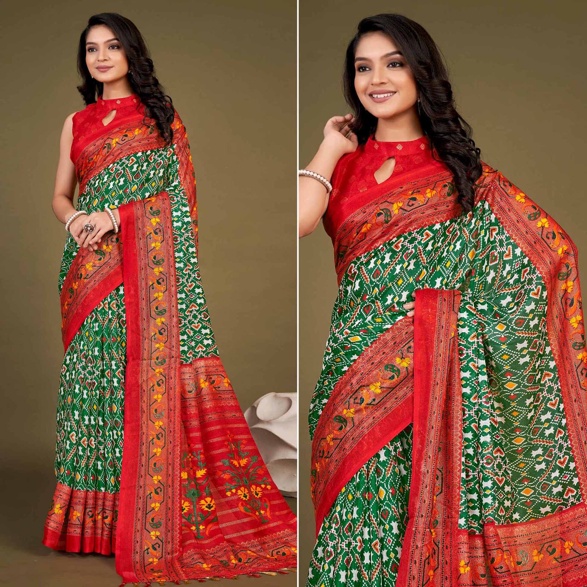 green-printed-jute-patola-saree-with-tassels-2