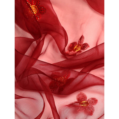 Maroon Floral Embroidered Organza Saree