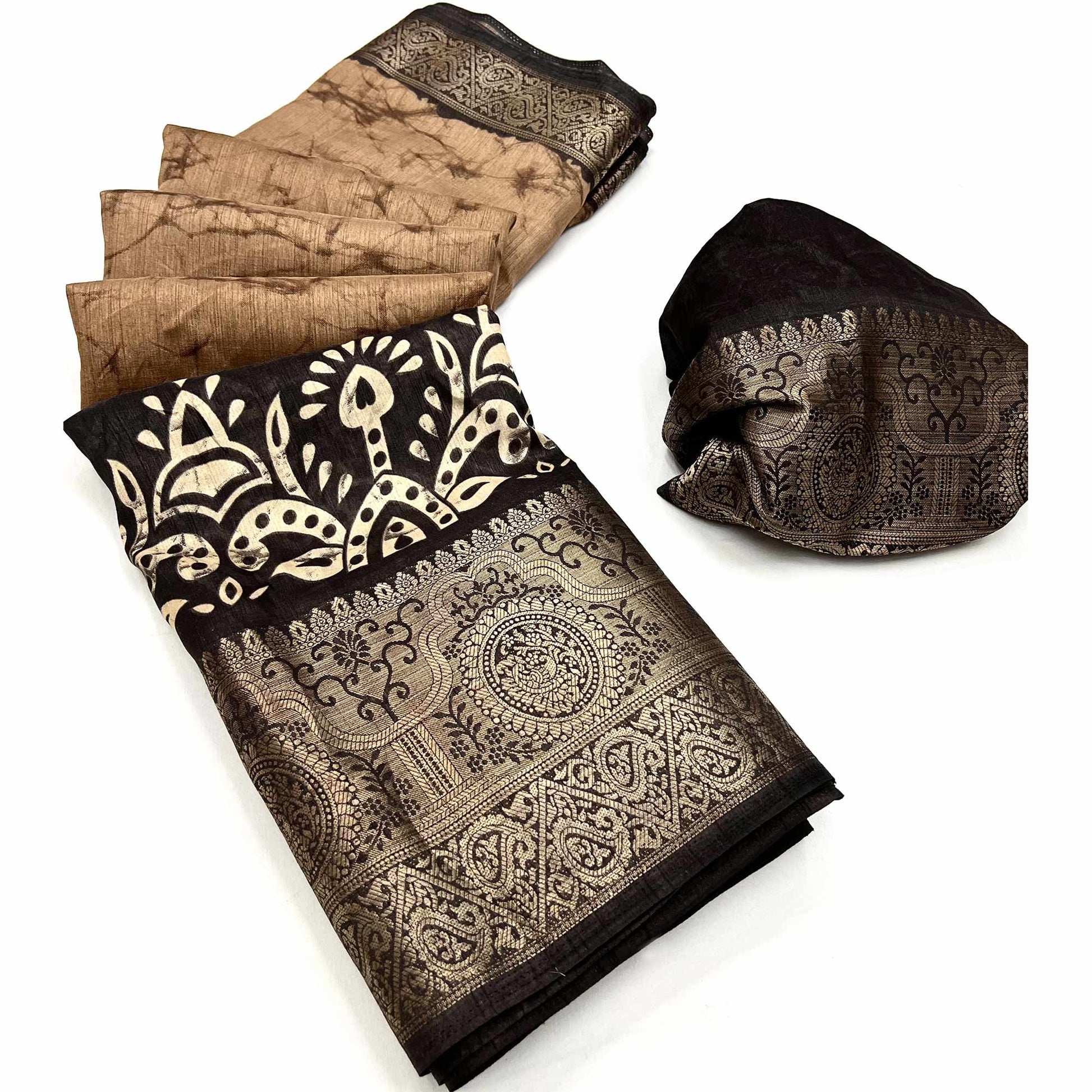 Brown Floral Printed With Woven Dola Silk Saree