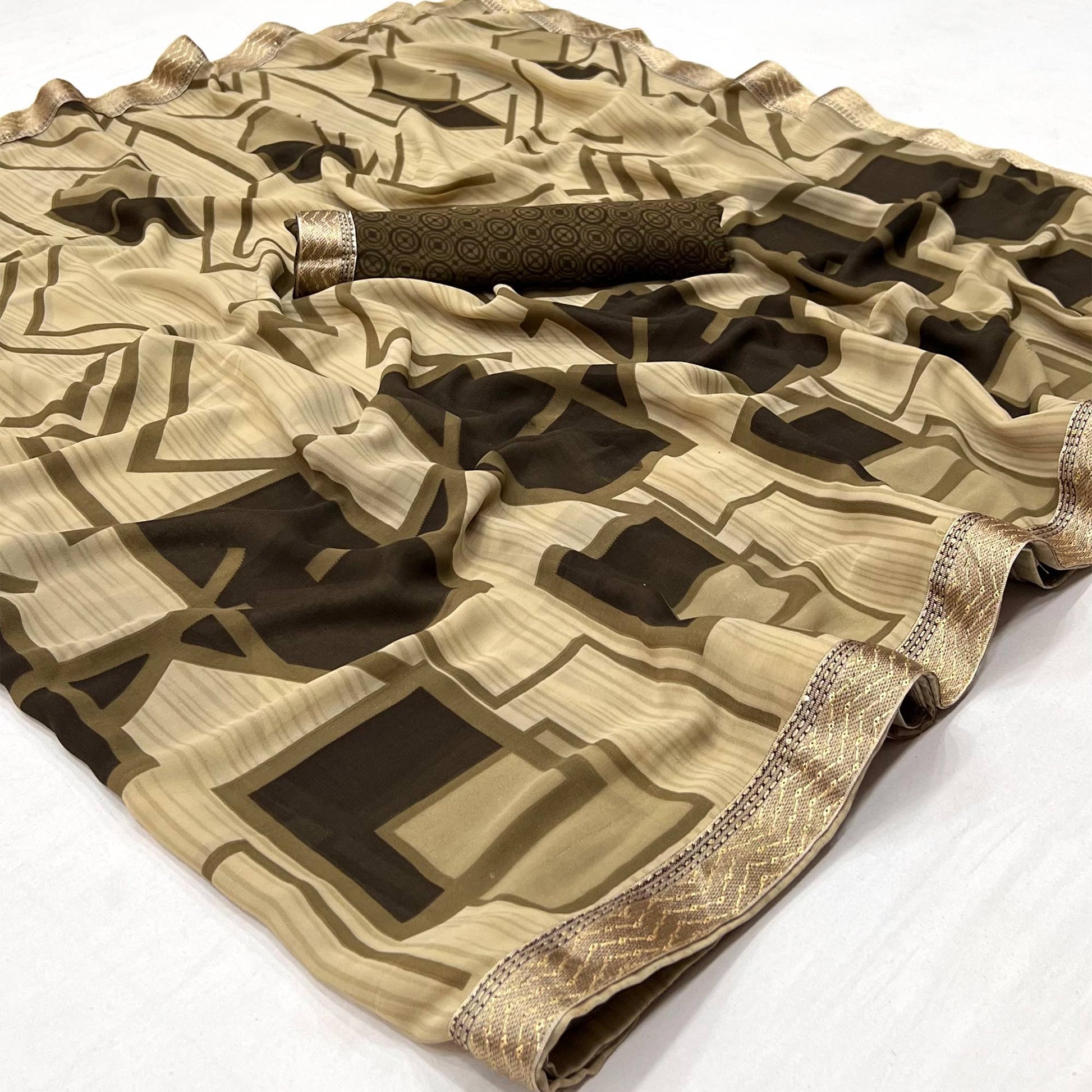 Chikoo Geometric Printed Georgette Saree