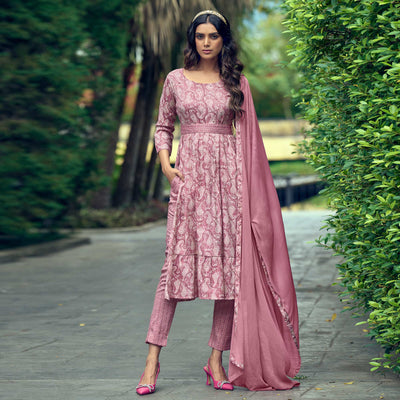 Dusty Pink Printed With Mirror Work Rayon Naira Cut Suit