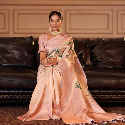 Light Peach Woven Jacquard Saree With Tassels