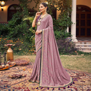 Dusty Pink Embroidered With Stone Work Vichitra Silk Saree