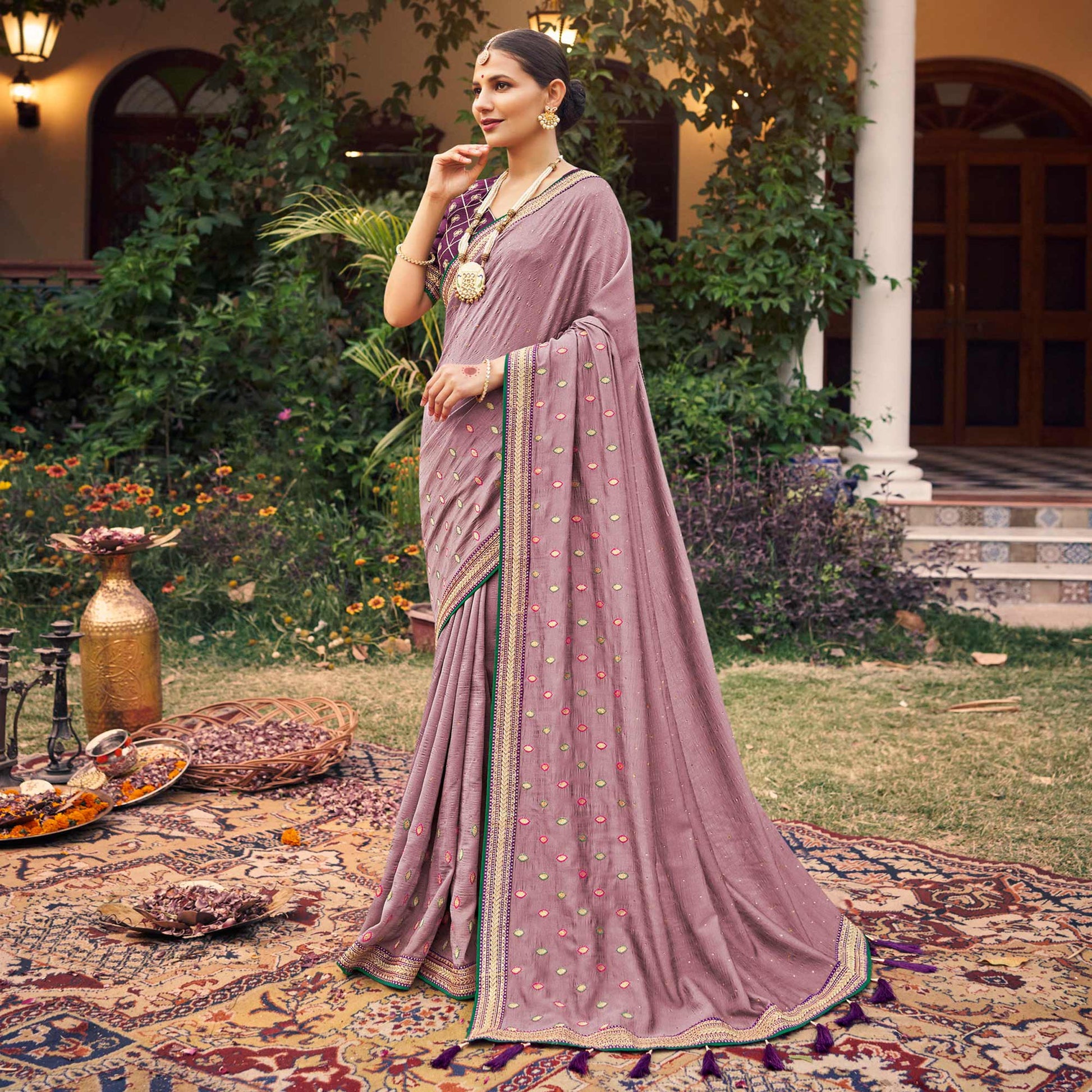Dusty Pink Embroidered With Stone Work Vichitra Silk Saree