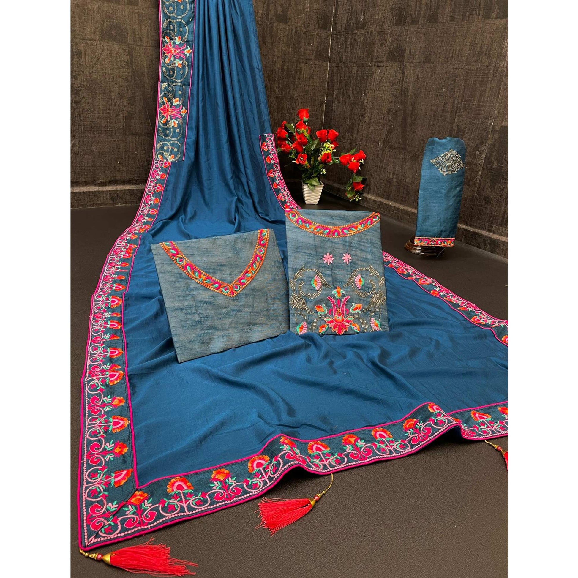 Morpich Floral Embroidered Vichitra Silk Saree