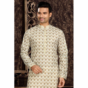 Cream Lucknowi And Digital Printed Cotton Kurta Pyjama Set