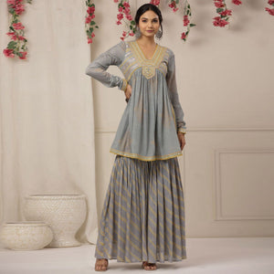 Grey Printed With Embroidered Chiffon Sharara Suit