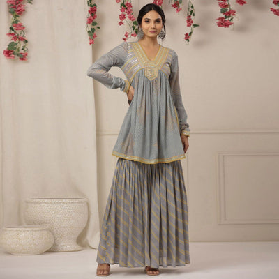 Grey Printed With Embroidered Chiffon Sharara Suit