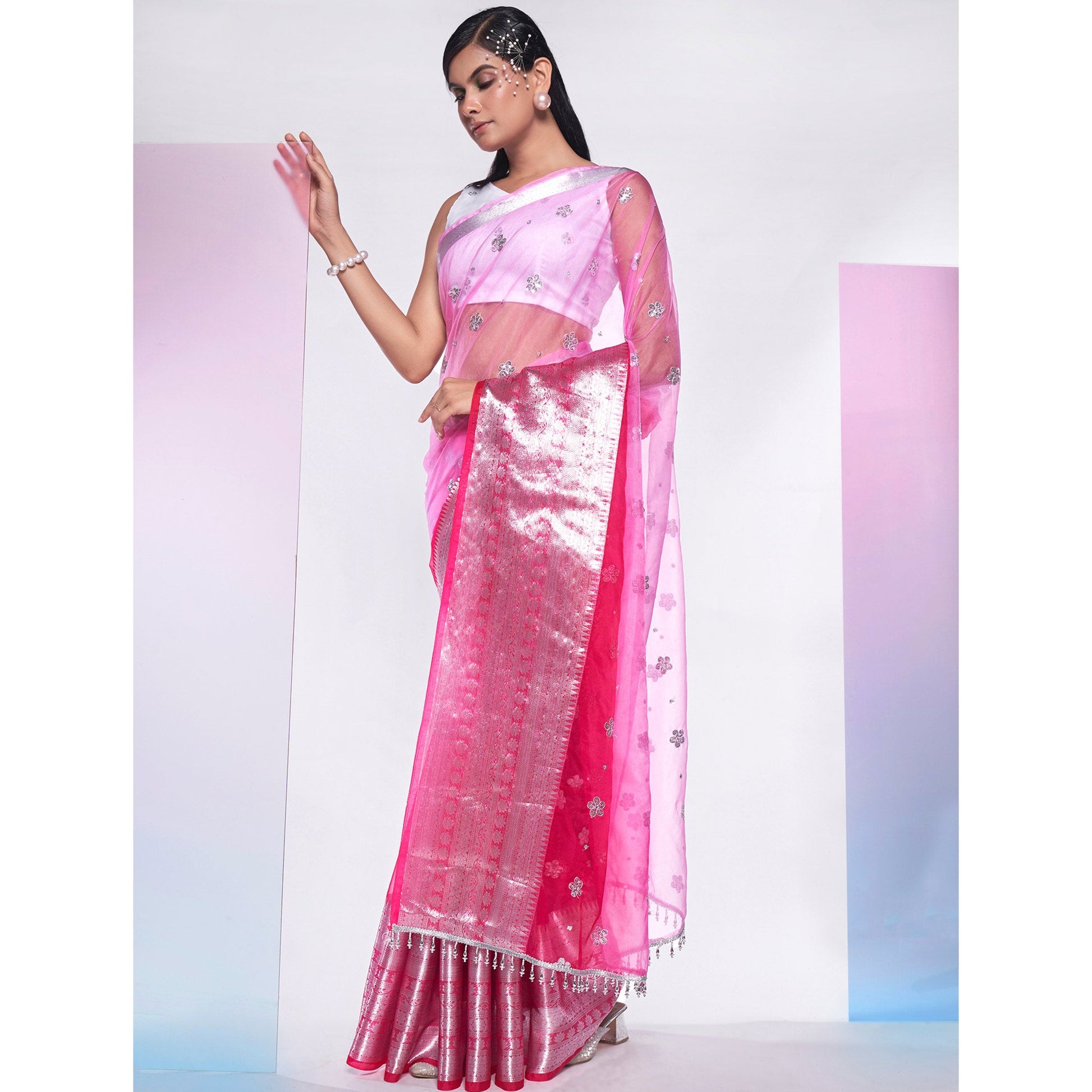 Light Pink Sequins Embroidered Organza Saree