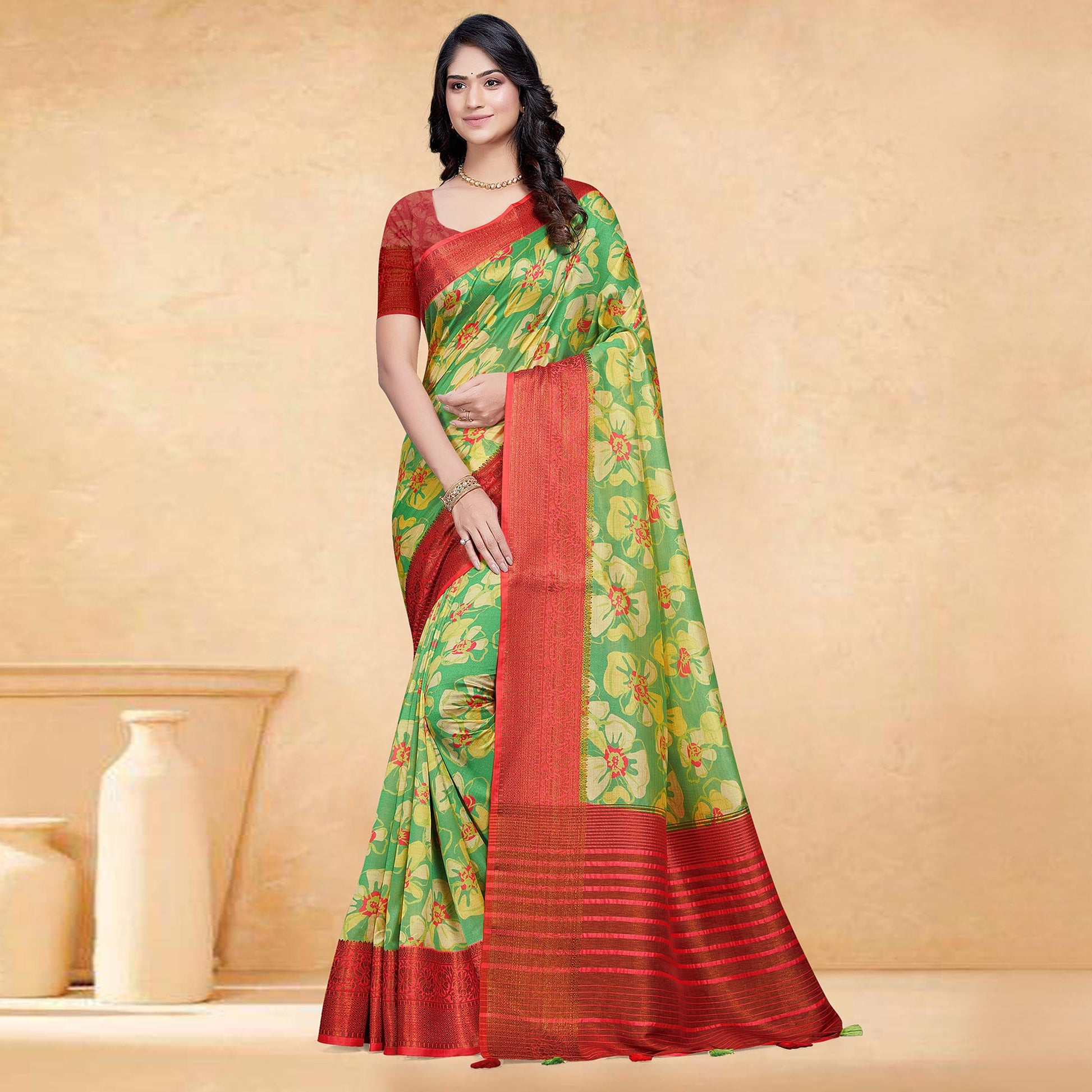 green-floral-digital-printed-tussar-silk-saare