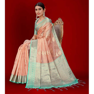 Dark Peach Floral Woven Organza Saree With Tassels