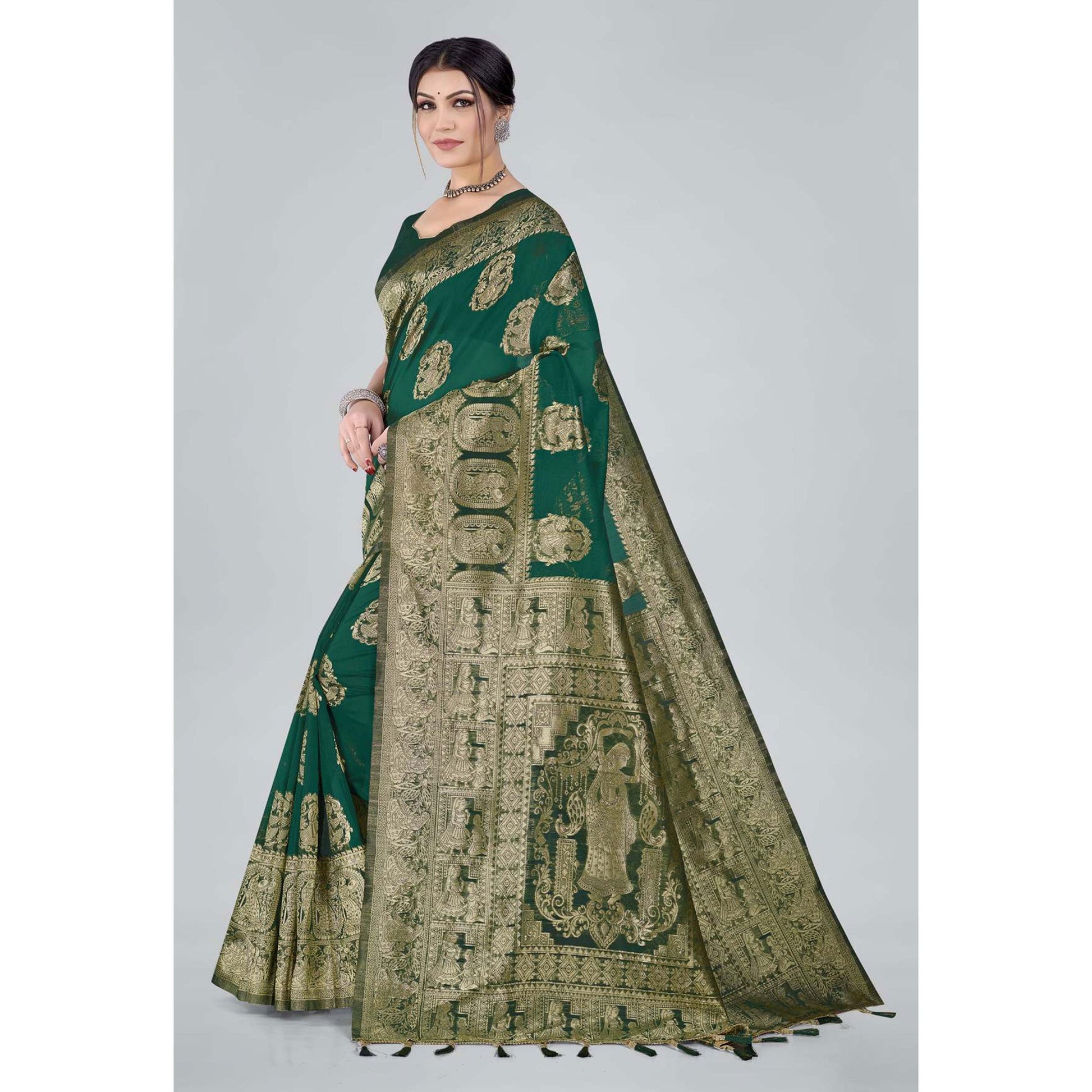green-woven-organza-saree-with-tassels-4