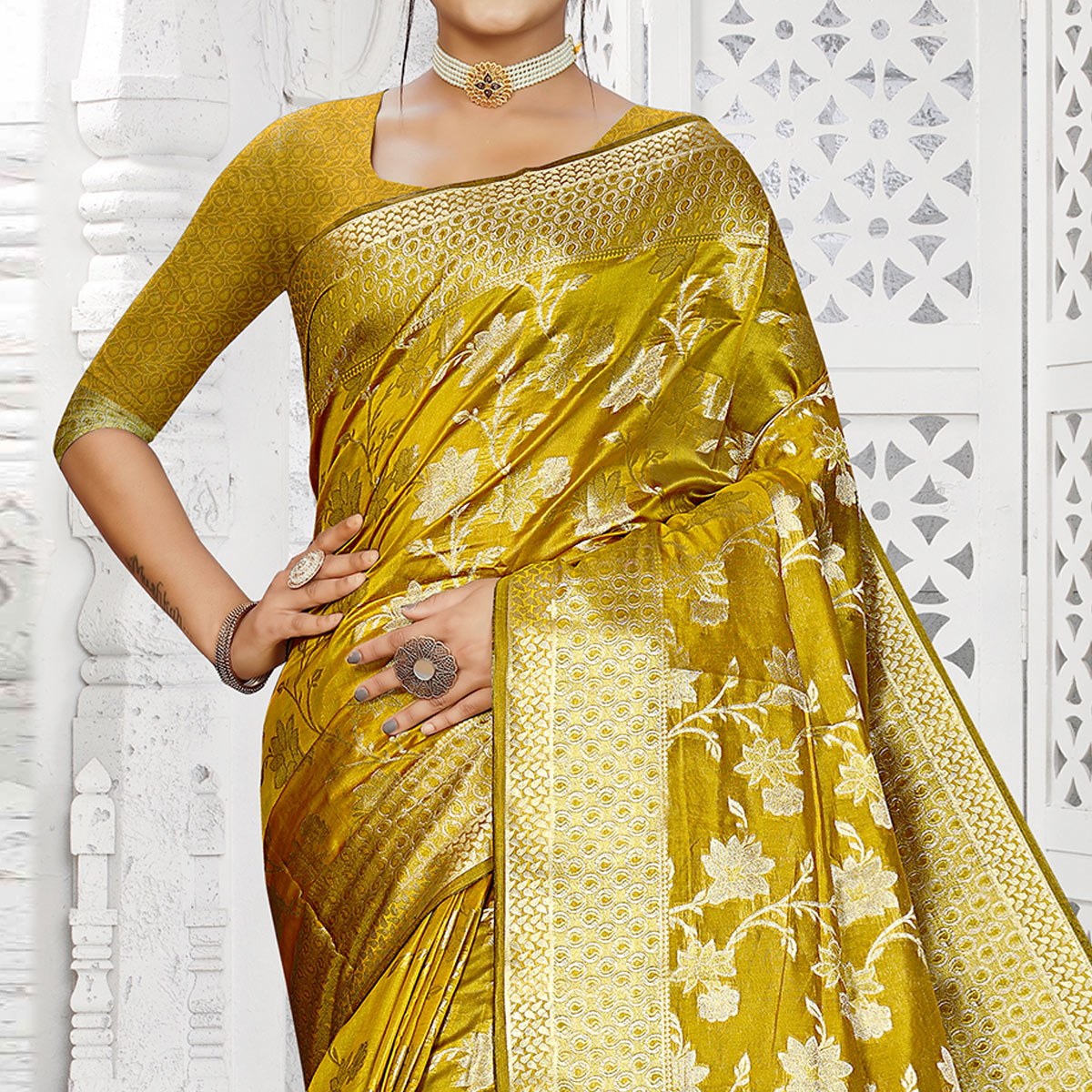 Mehendi Green Floral Woven Organza Saree With Tassels