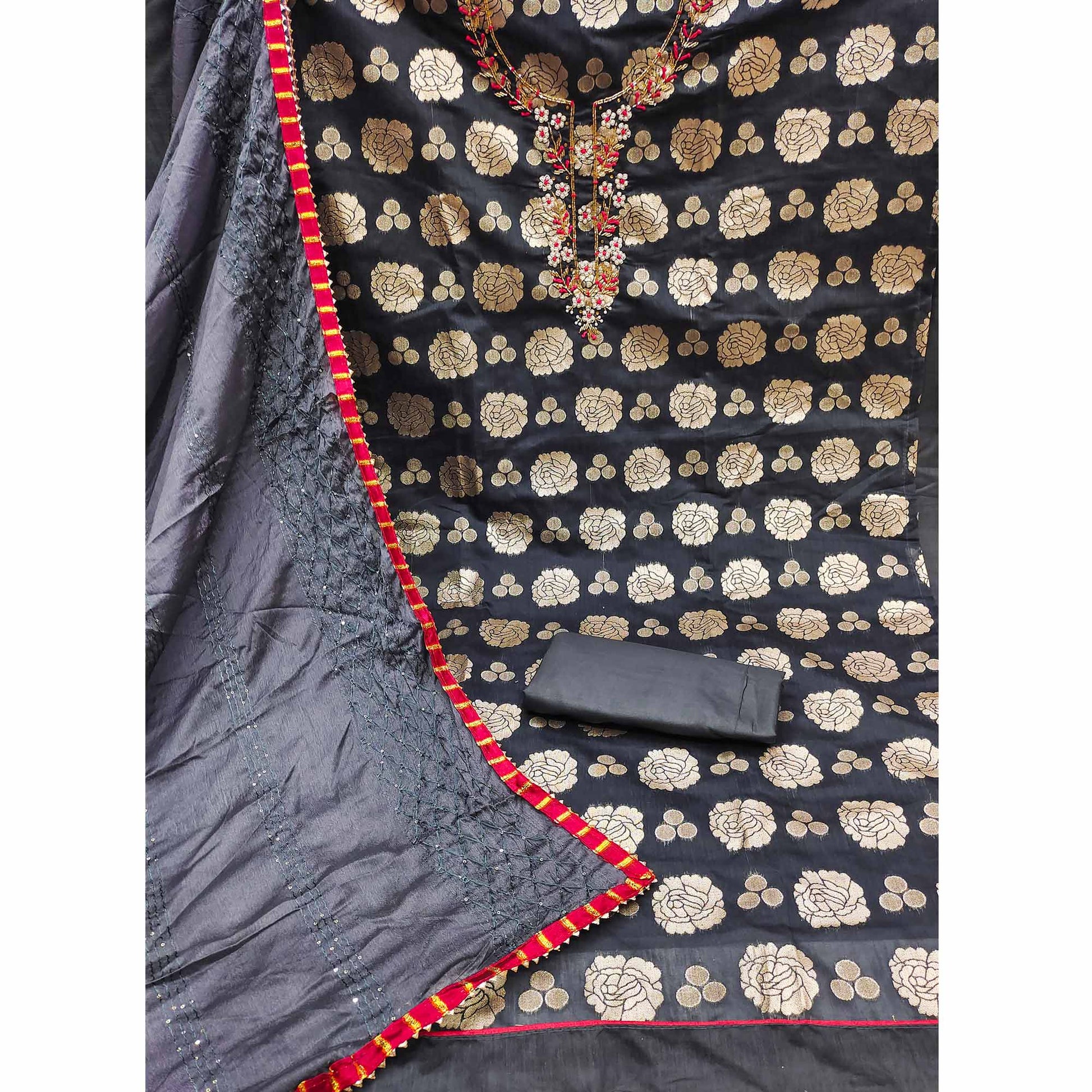 Grey Woven Banarasi Silk Dress Material