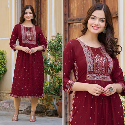 Maroon Printed Rayon Naira Cut Kurti