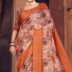Brown Digital Printed Cotton Blend Saree