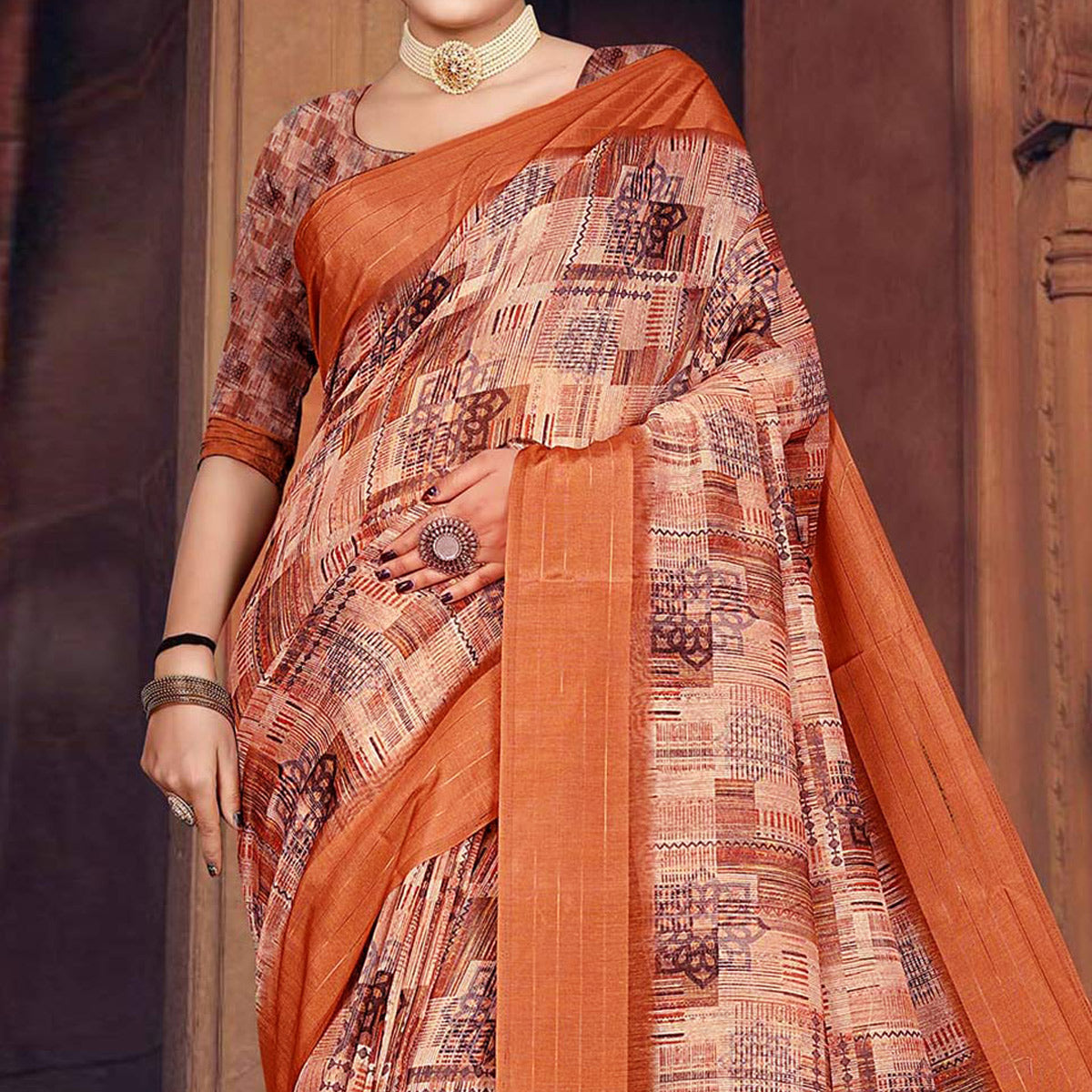 Brown Digital Printed Cotton Blend Saree