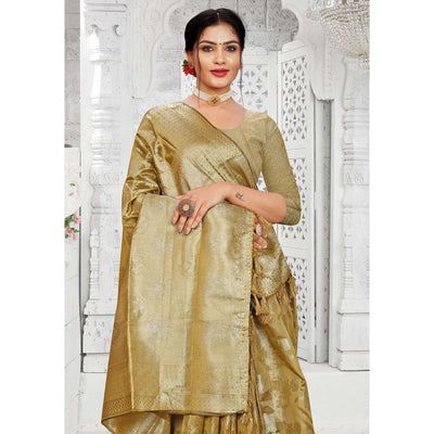 Mehendi Green Floral Woven Organza Saree With Tassels