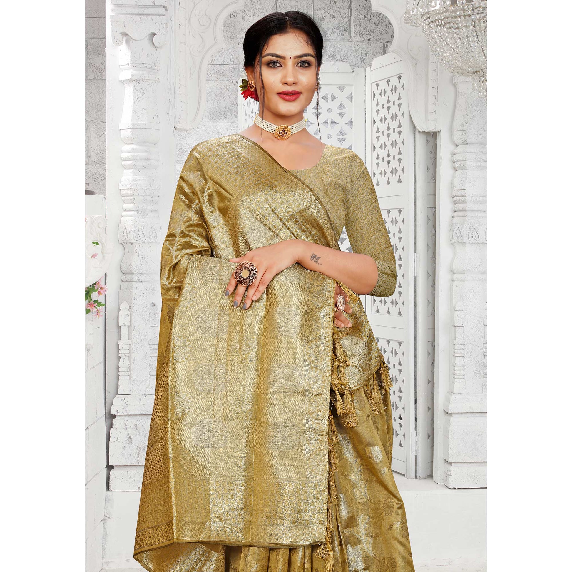 Mehendi Green Floral Woven Organza Saree With Tassels