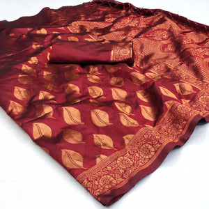 Maroon Woven Art Silk Saree With Tassels