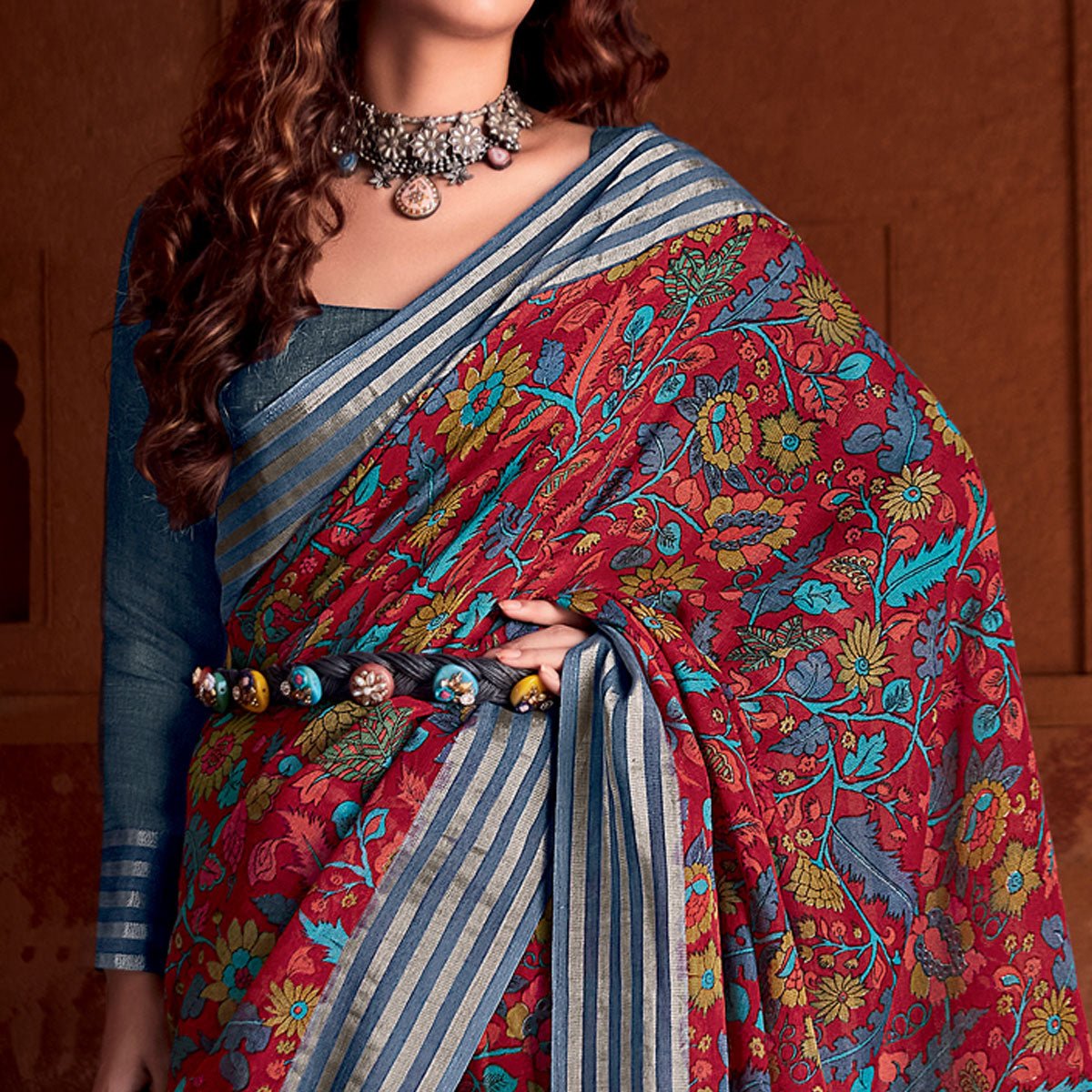 Maroon Floral Printed Linen Saree