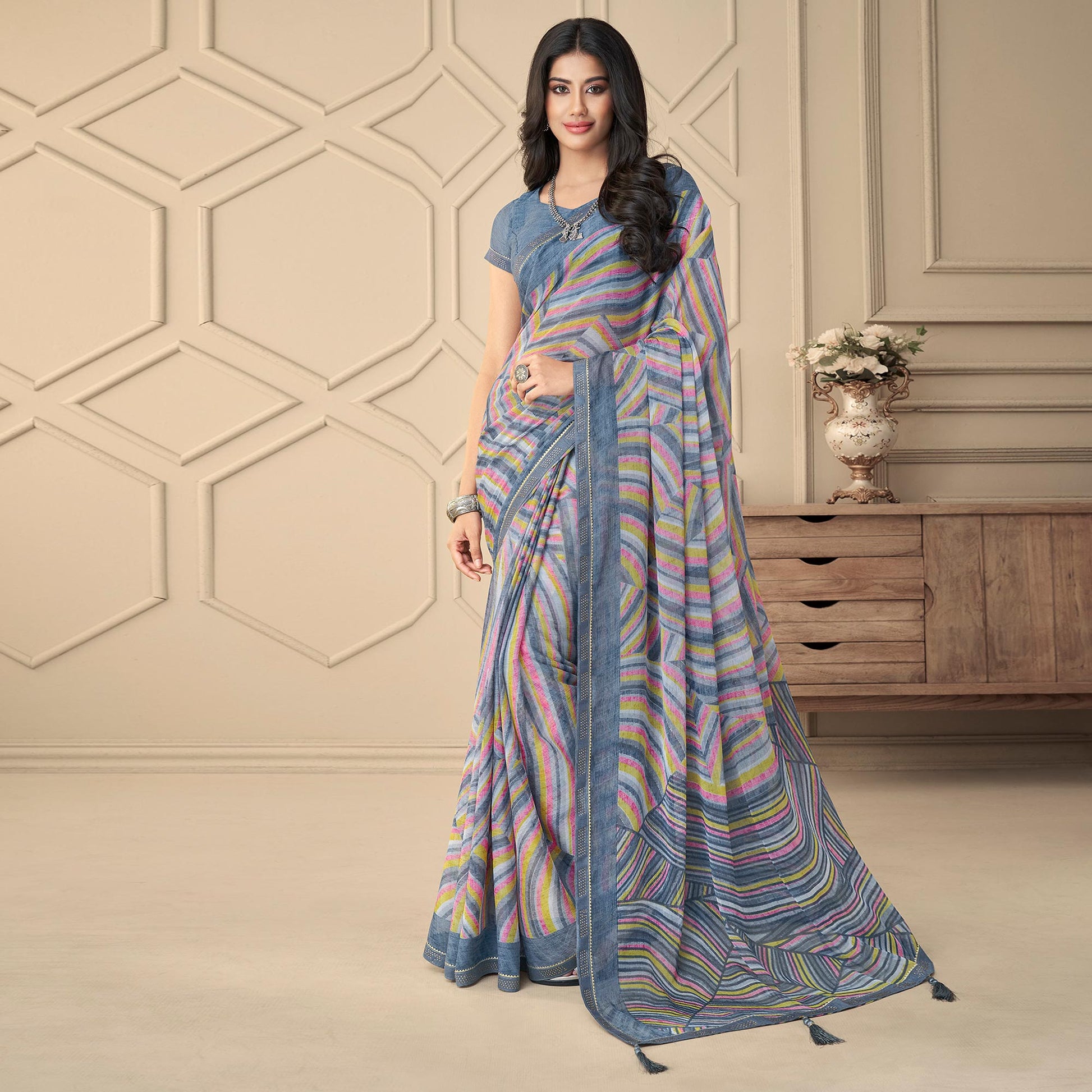 Grey Printed Chiffon Saree With Tassels