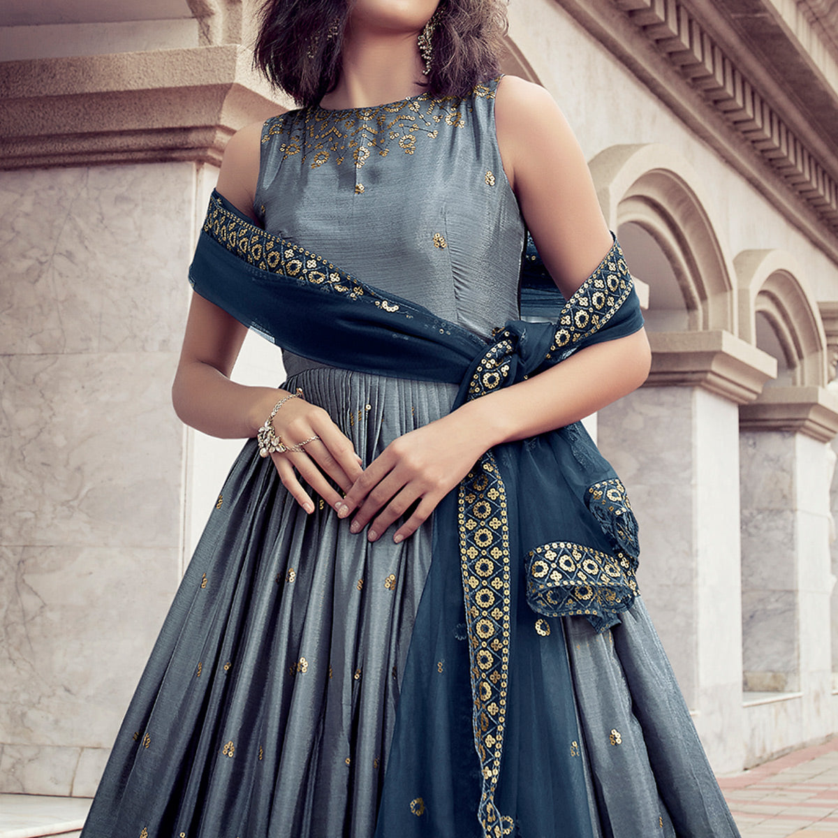Grey Sequins Embroidered Chiffon Gown