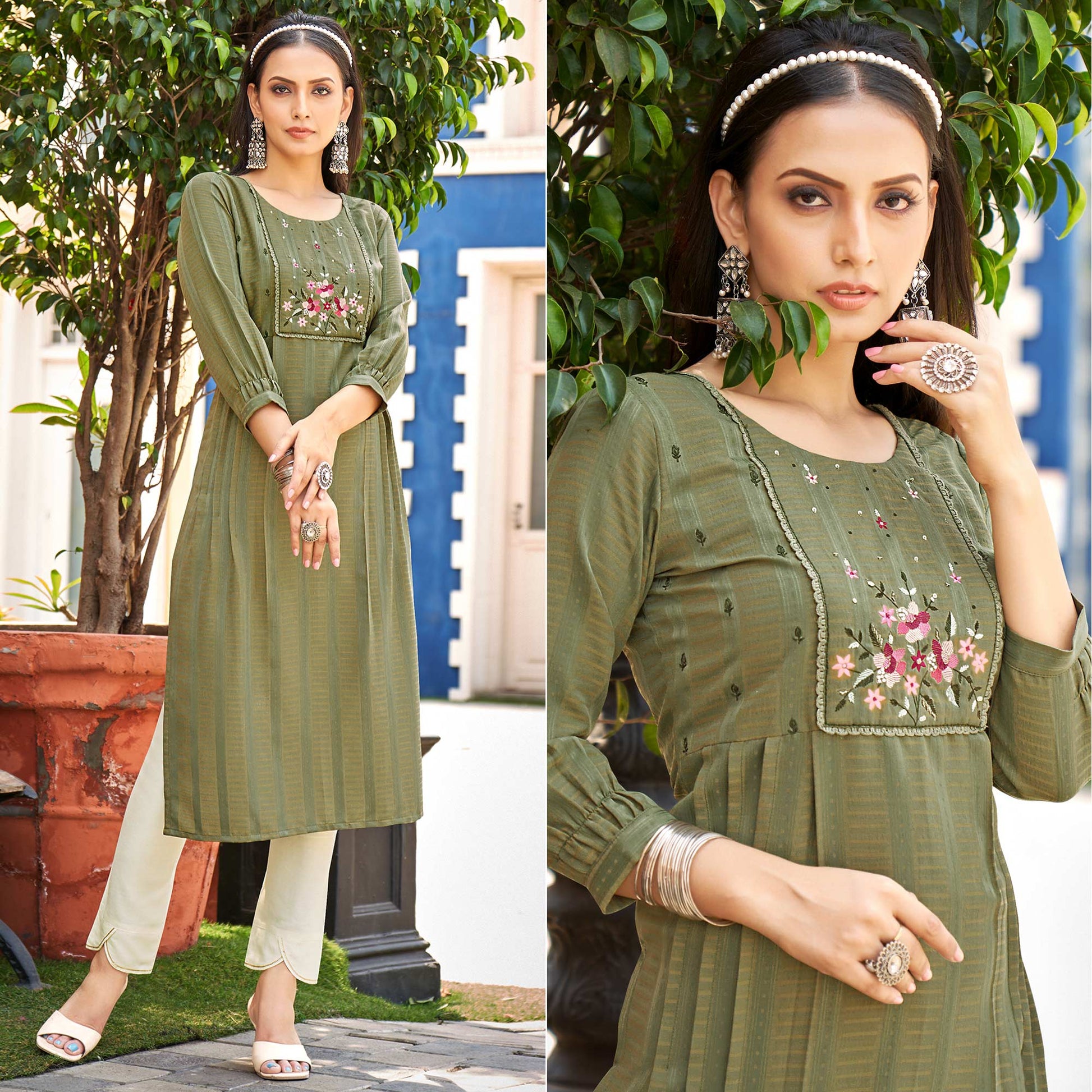 Mehendi Green Embroidered Rayon Kurti
