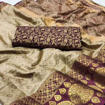 Chikoo Woven Cotton Silk Saree With Tassels