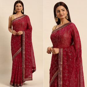 Maroon Floral Foil Printed Shimmer Saree