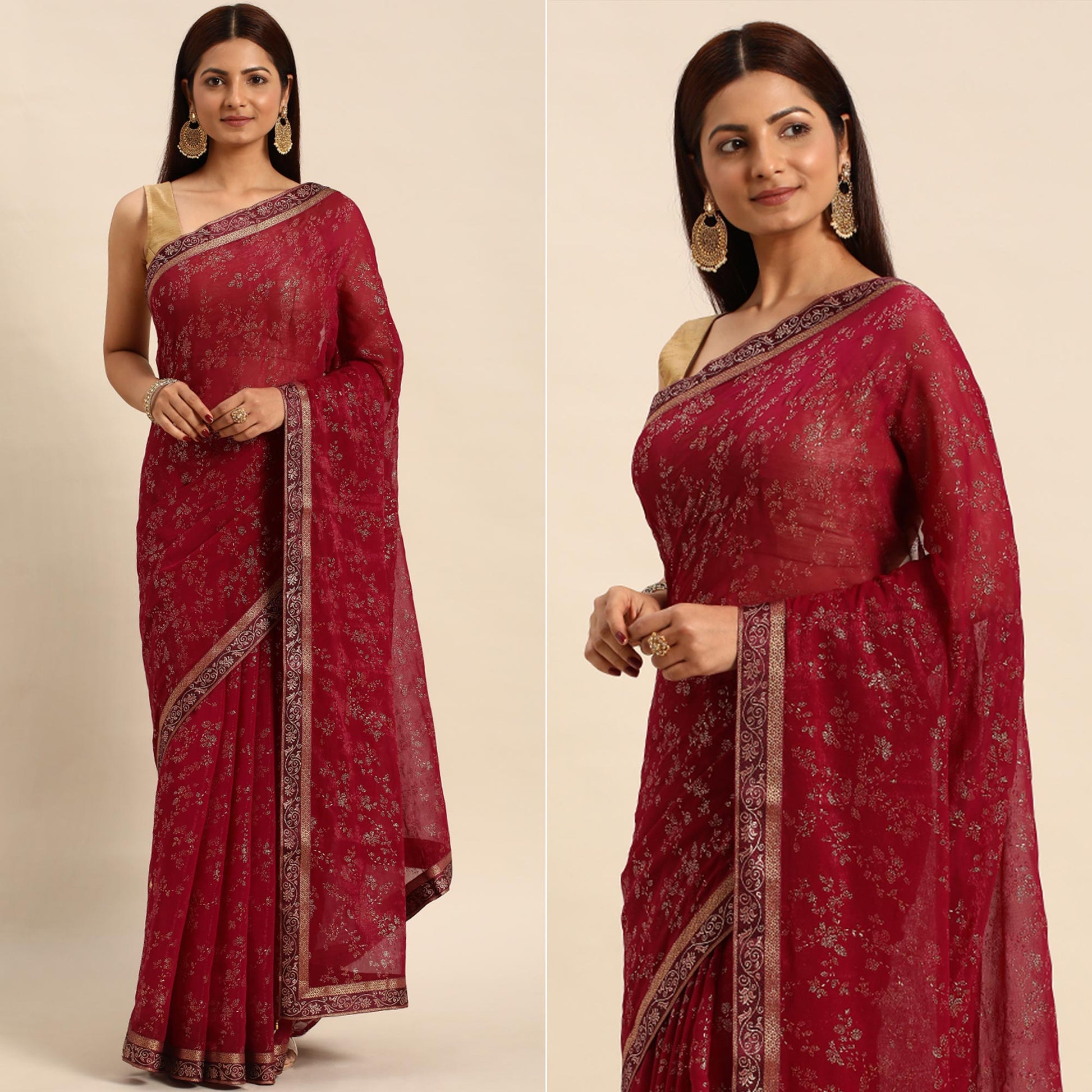 Maroon Floral Foil Printed Shimmer Saree