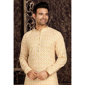 Light Yellow Lucknowi And Digital Printed Cotton Kurta Pyjama Set