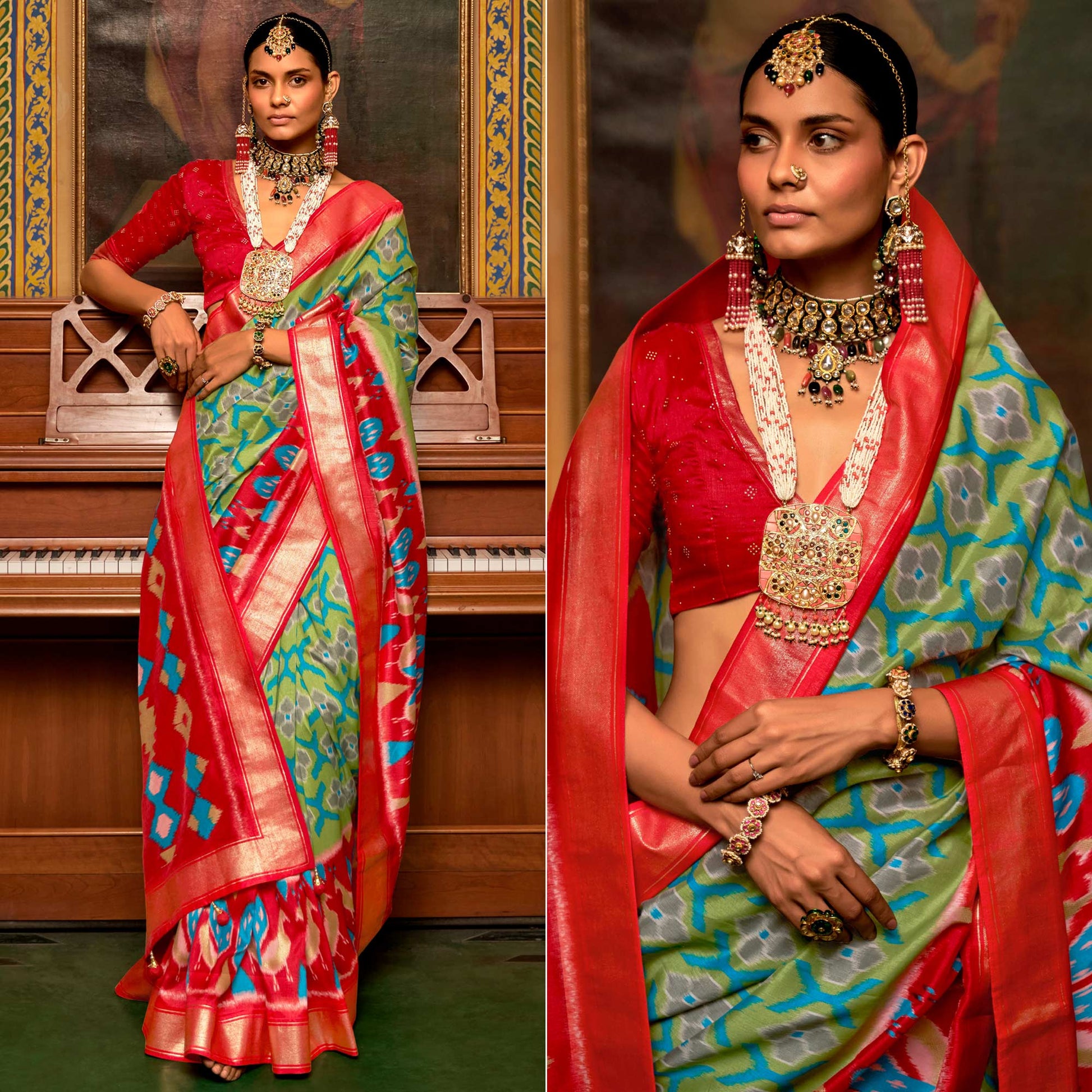 green-red-printed-art-silk-saree