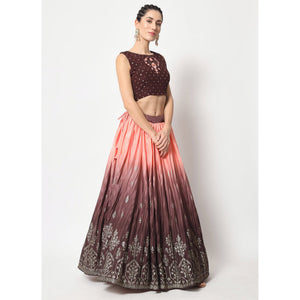 Coffee & Peach Foil Printed Chiffon Lehenga Choli