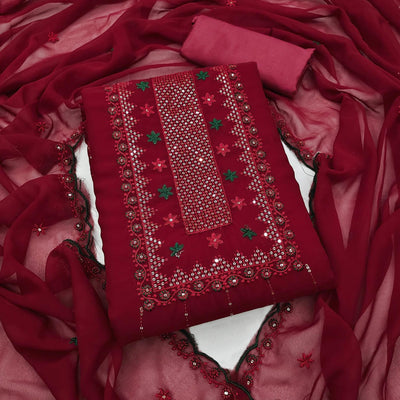 Maroon Sequins Embroidered Georgette Dress Material