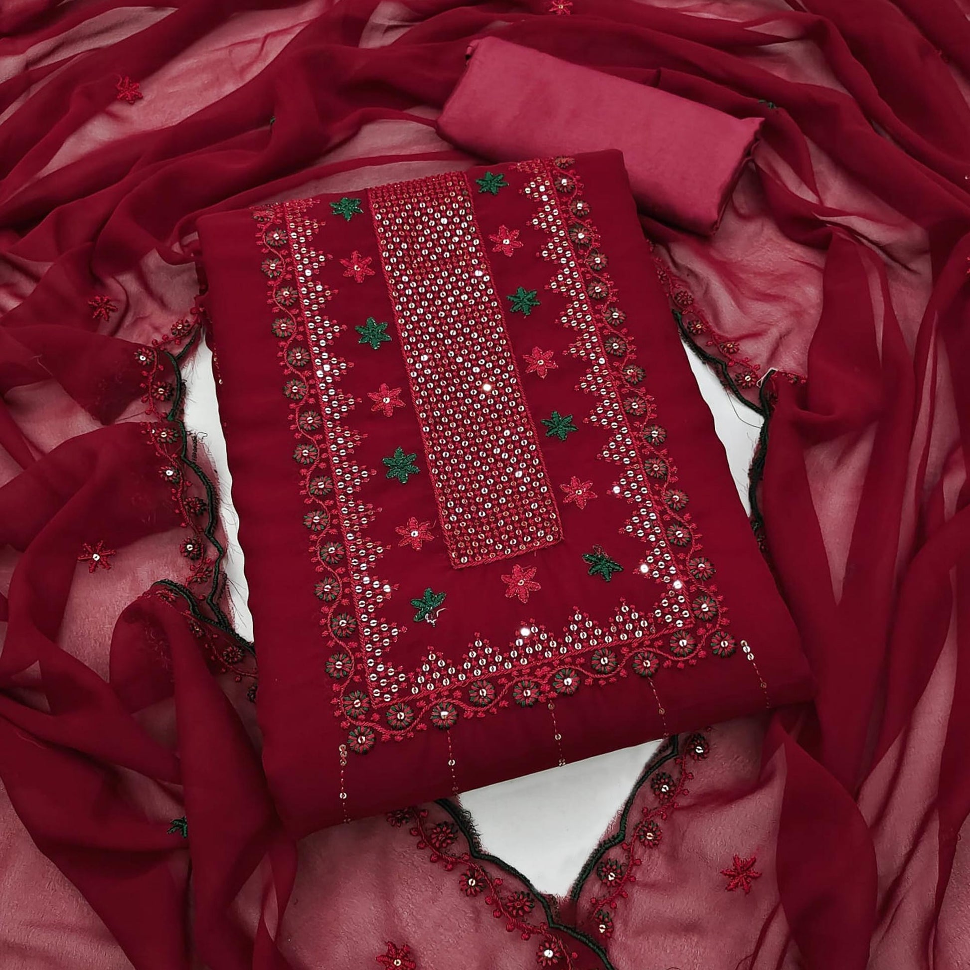 Maroon Sequins Embroidered Georgette Dress Material