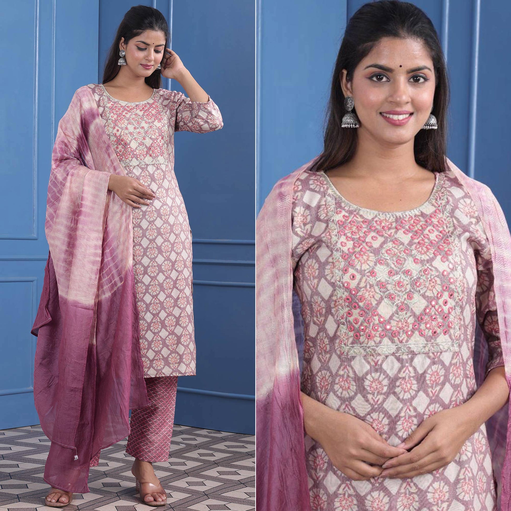 Mauve Floral Printed With Embroidered Rayon Suit