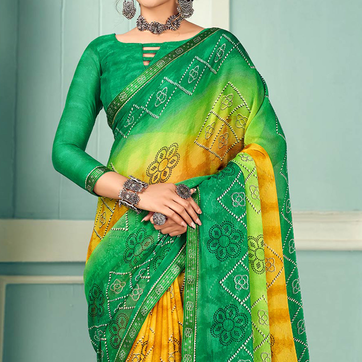 green-digital-bandhani-printed-chiffon-saree-with-tassels