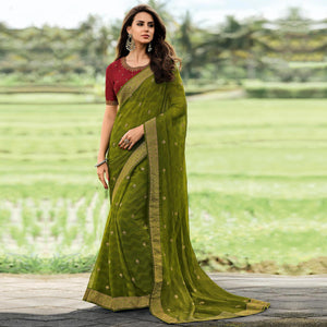 Mehendi Green Foil Printed Chiffon Saree