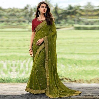 Mehendi Green Foil Printed Chiffon Saree