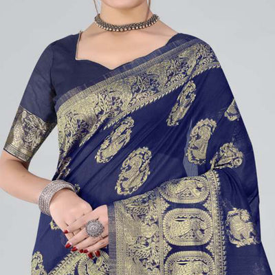 Blue Woven Organza Saree With Tassels