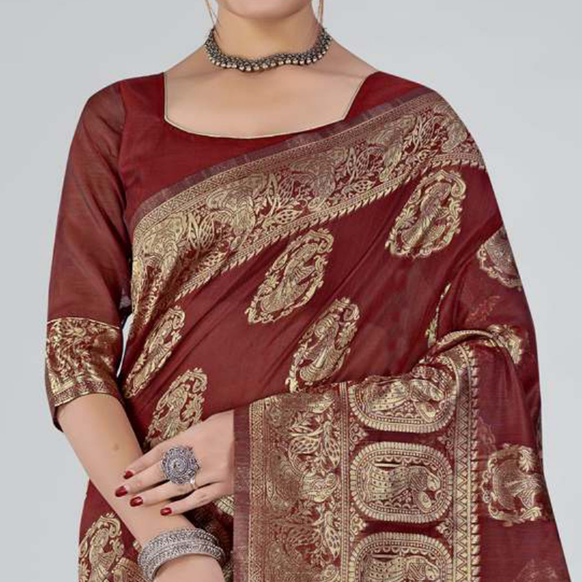 Maroon Woven Organza Saree With Tassels