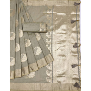 Grey Woven Art Silk Saree With Tassels