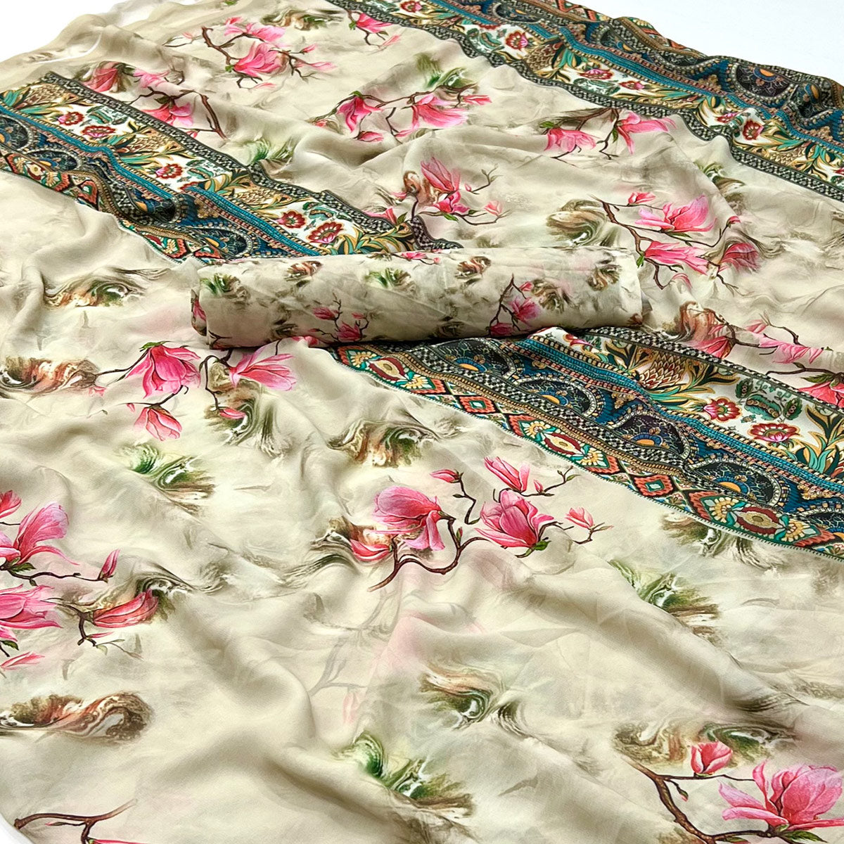 Light Grey Floral Digital Printed Georgette Saree