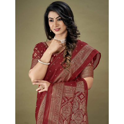 Maroon Bandhani Printed With Zari Border Jute Saree